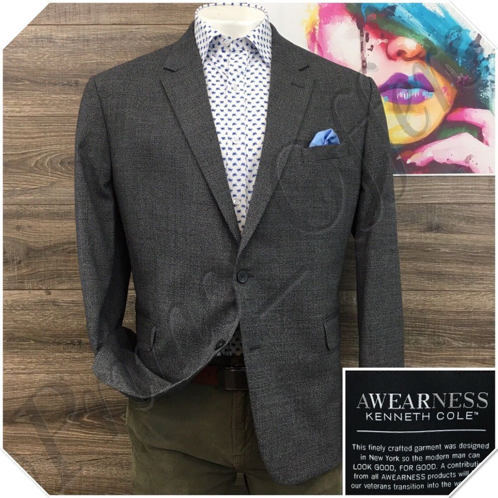 Kenneth Cole Mens Blazer Sport Coat Two Button Casual Jacket Size 48R Wool Suit
